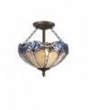 Dorothea 3 Light Semi Ceiling E27 With 40cm Tiffany Shade, Blue/Clear Crystal/Aged Antique Brass