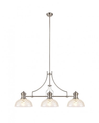 Francis Linear Pendant With 30cm Flat Round Patterned Shade, 3 x E27, Polished Nickel/Clear Glass