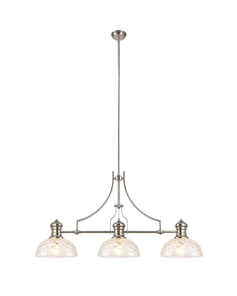 Francis Linear Pendant With 30cm Flat Round Patterned Shade, 3 x E27, Polished Nickel/Clear Glass