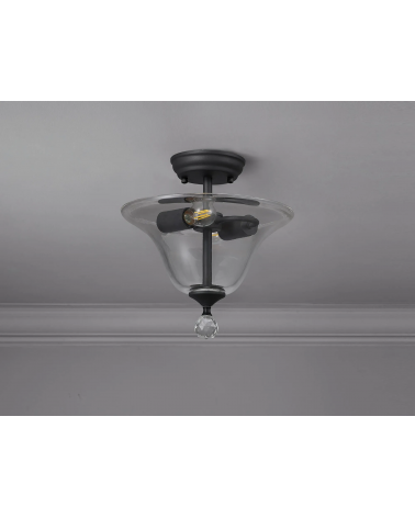 Wisp 2 Light Semi Flush Ceiling E27 With Smooth Bell 30cm Glass Shade Graphite/Clear