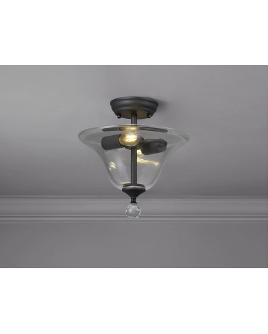 Wisp 2 Light Semi Flush Ceiling E27 With Smooth Bell 30cm Glass Shade Graphite/Clear