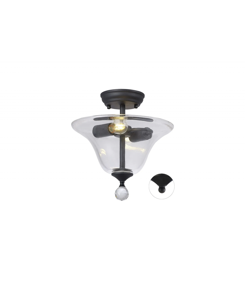 Wisp 2 Light Semi Flush Ceiling E27 With Smooth Bell 30cm Glass Shade Graphite/Clear