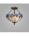 Dorothea 3 Light Semi Ceiling E27 With 40cm Tiffany Shade, Blue/Clear Crystal/Aged Antique Brass