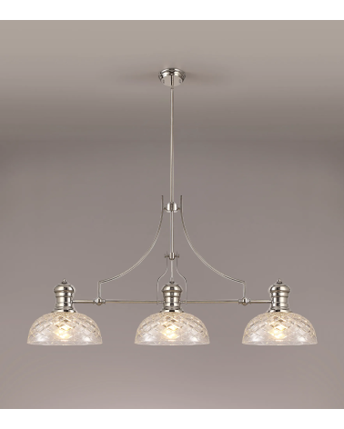 Francis Linear Pendant With 30cm Flat Round Patterned Shade, 3 x E27, Polished Nickel/Clear Glass
