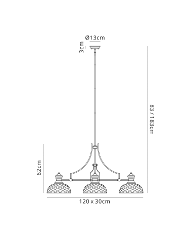 Francis Linear Pendant With 30cm Flat Round Patterned Shade, 3 x E27, Polished Nickel/Clear Glass