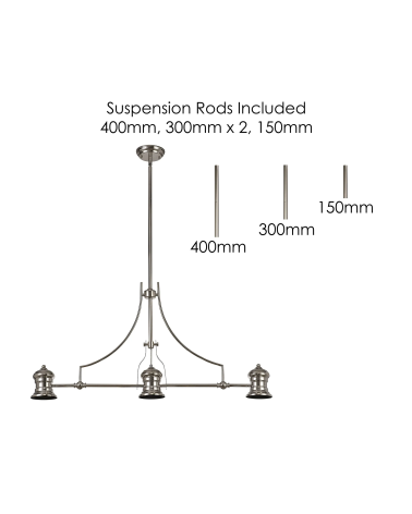 Francis Linear Pendant With 30cm Flat Round Patterned Shade, 3 x E27, Polished Nickel/Clear Glass