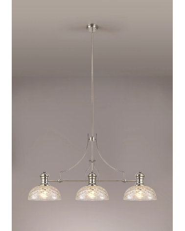 Francis Linear Pendant With 30cm Flat Round Patterned Shade, 3 x E27, Polished Nickel/Clear Glass
