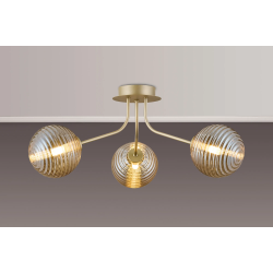 Sunstone Semi Flush Light, 3 Light G9, Light Painted Beige/Amber Ribbed Round Glass Shade