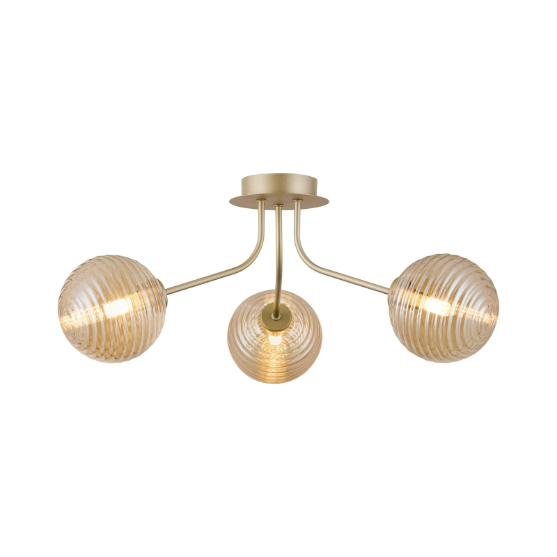 Sunstone Semi Flush Light, 3 Light G9, Light Painted Beige/Amber Ribbed Round Glass Shade