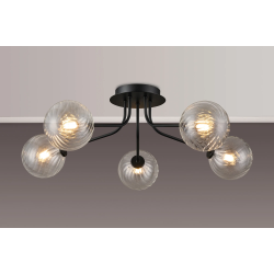 Sunstone Semi Flush Light, 5 Light G9, Satin Black/Clear Swirl Round Glass Shade