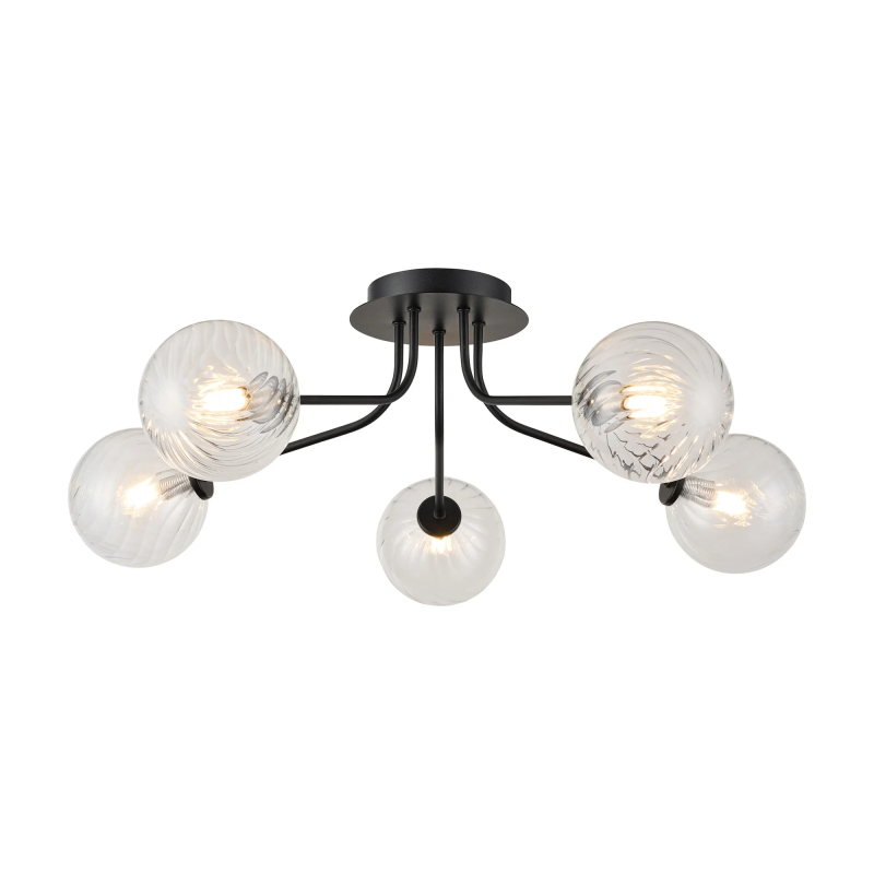 Sunstone Semi Flush Light, 5 Light G9, Satin Black/Clear Swirl Round Glass Shade Sunstone Semi Flush Light, 5 Light G9, Satin Black/Clear Swirl Round Glass Shade