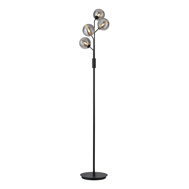 Sunstone Floor Lamp, 4 Light G9, Satin Black/Smoke Ribbed Round Glass Shade Sunstone Floor Lamp, 4 Light G9, Satin Black/Smoke Ribbed Round Glass Shade