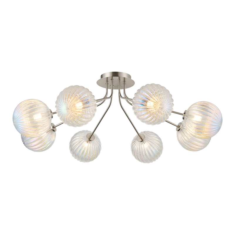 Sunstone Semi Flush Light, 8 Light G9, Satin Nickel/Light Iridescent Segment Round Globe Glass Shade