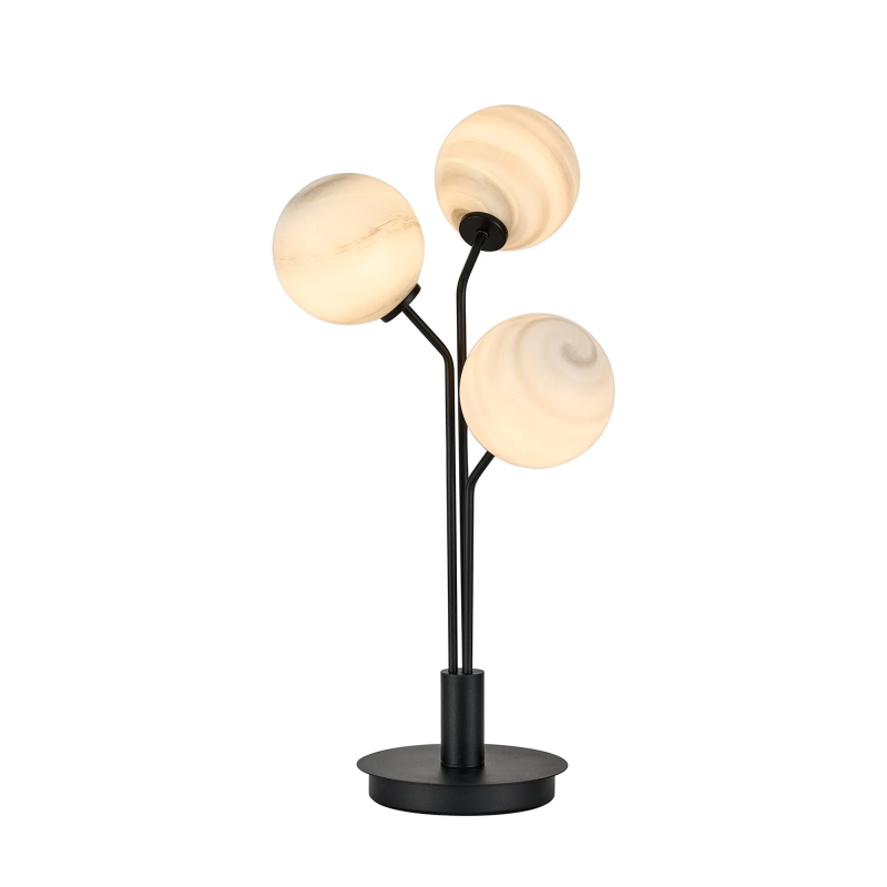 Sunstone Table Lamp, 3 Light G9, Satin Black/Grey Round Marble Effect Glass Shade