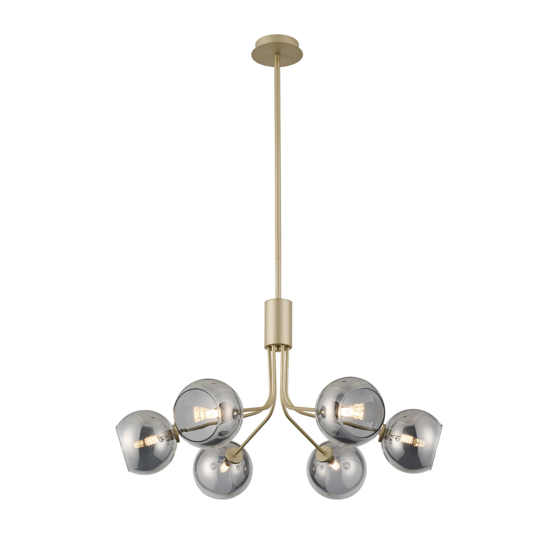 Sunstone Fixed Pendant, 6 Light G9, Light Painted Beige/Smoke Plated Open Mouth Round Glass Shade