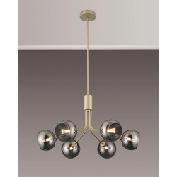 Sunstone Fixed Pendant, 6 Light G9, Light Painted Beige/Smoke Plated Open Mouth Round Glass Shade