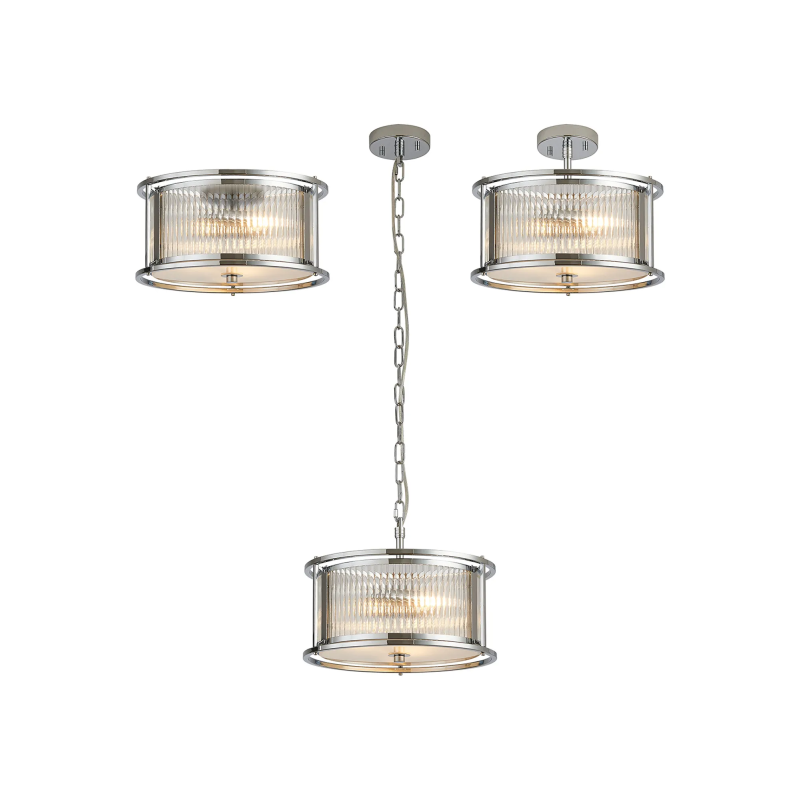 Versa 35cm Round Flush/Semi Ceiling/Pendant Convertible, 3 x E14, Polished Chrome/Clear Glass Versa 35cm Round Flush/Semi Ceiling/Pendant Convertible, 3 x E14, Polished Chrome/Clear Glass