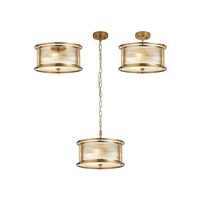 Versa 35cm Round Flush/Semi Ceiling/Pendant Convertible, 3 x E14, Brass/Clear Glass Versa 35cm Round Flush/Semi Ceiling/Pendant Convertible, 3 x E14, Brass/Clear Glass
