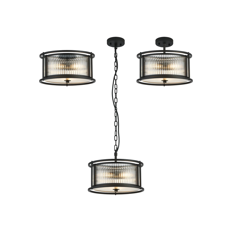 Versa 35cm Round Flush/Semi Ceiling/Pendant Convertible, 3 x E14, Satin Black/Clear Glass Versa 35cm Round Flush/Semi Ceiling/Pendant Convertible, 3 x E14, Satin Black/Clear Glass
