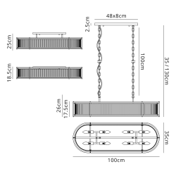 Versa 1m x 35cm Oval Flush/Semi Ceiling/Pendant, 8 x E14, Satin Black/Clear Glass