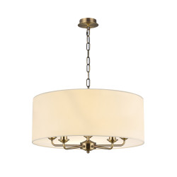Banyan 5 Light Multi Arm Pendant, Antique Brass 60cm x 22cm Faux Silk Shade, Ivory Pearl