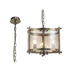Nolan Single 36cm Pendant 3 Light E14 Antique Brass/Amber Glass