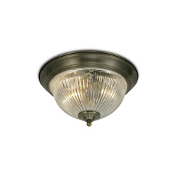 Macy 28.5cm IP44 2 Light E14 Flush Ceiling Light, Antique Brass With Clear Ribbed Glass