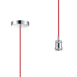 Dreifa 1.5m Single Pendant, 1 x E27, Polished Chrome/Red Braided Cable